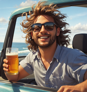 a car driver in new York drinking a beer while driving