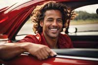 a happy guy in his car after checking affordable car insurance rates online