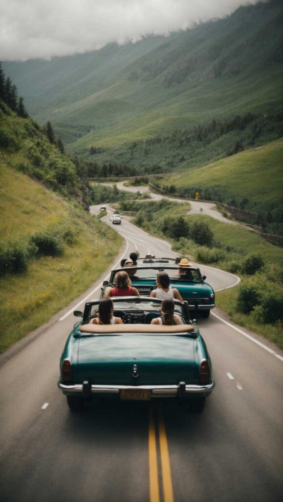 group of young people's driving insured cars to a lake in a nice road