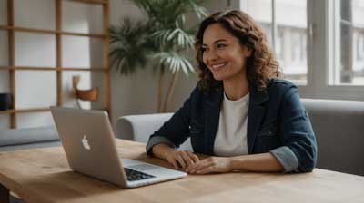 excellent credit score showing on her laptop