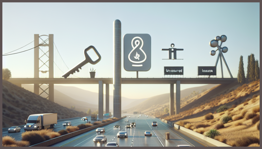 California highway with insurance symbols representing coverage laws.