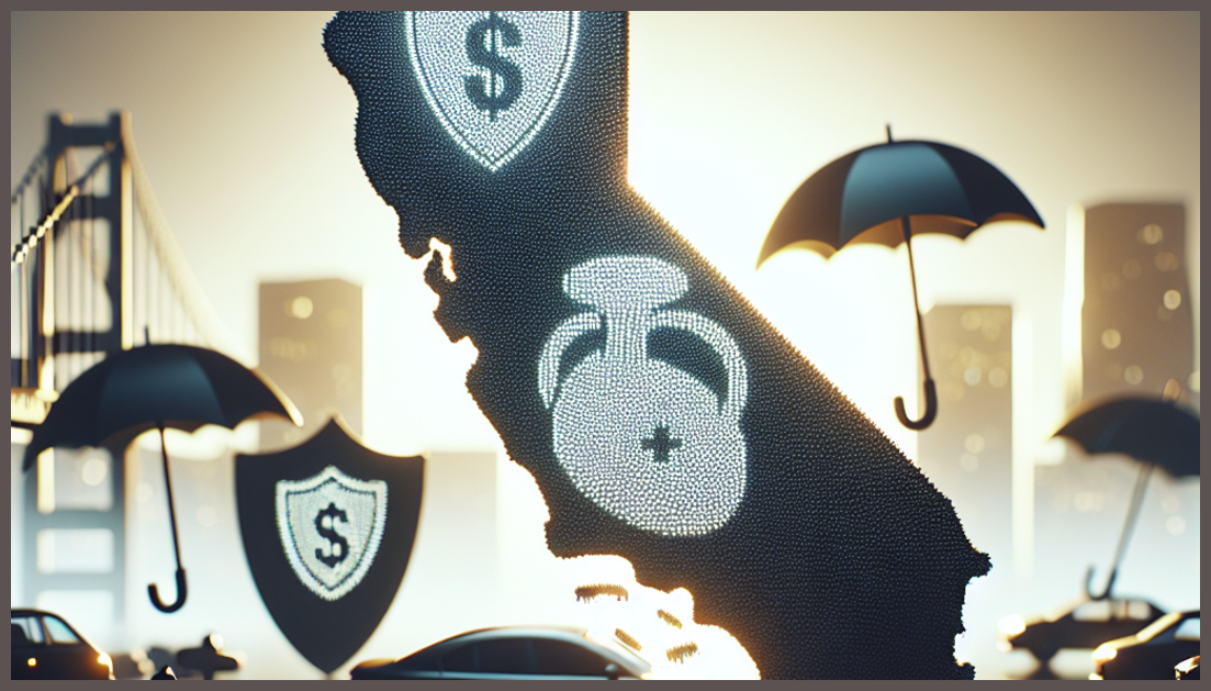 Illustration of California's road with insurance symbols and a map.