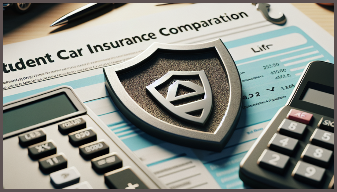 A calculator beside car insurance documents and a shield symbol.