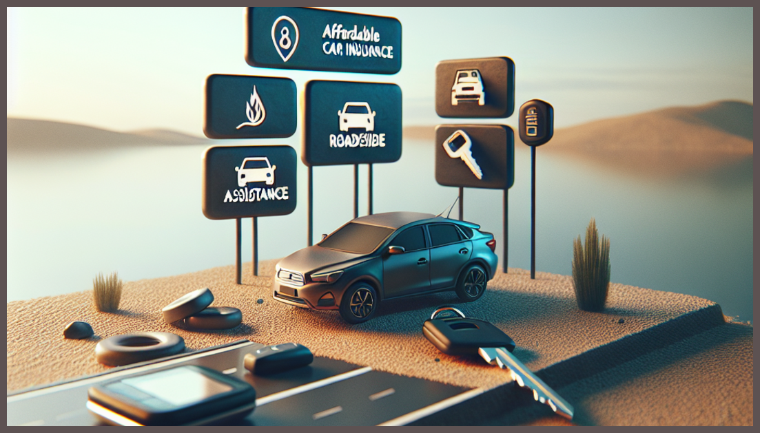 A car with an insurance symbol and roadside assistance elements.