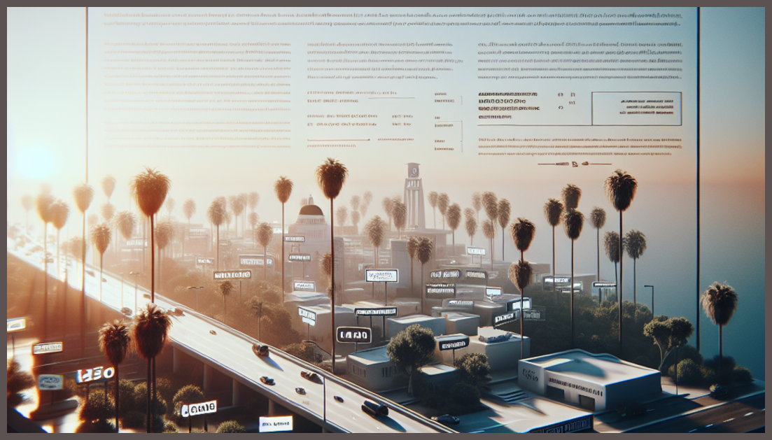 Illustration of auto insurance symbols and California visuals.