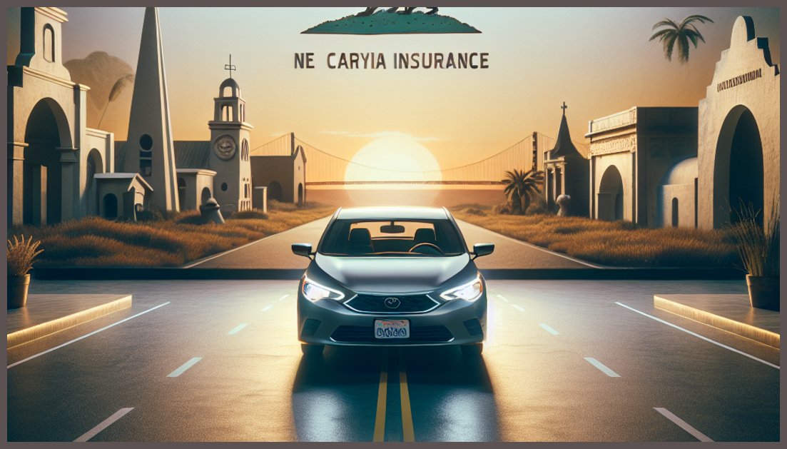 A car placed in front of California landmarks symbolizes insurance protection.