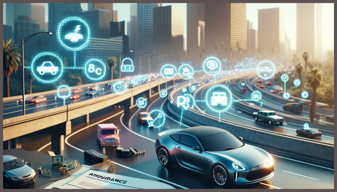 A calculator and car icons with California skyline