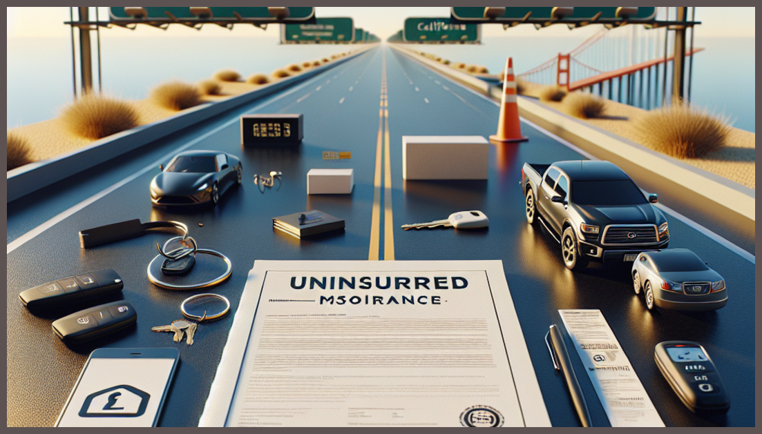 Symbolic representation of California auto insurance coverage with road signs and documents.
