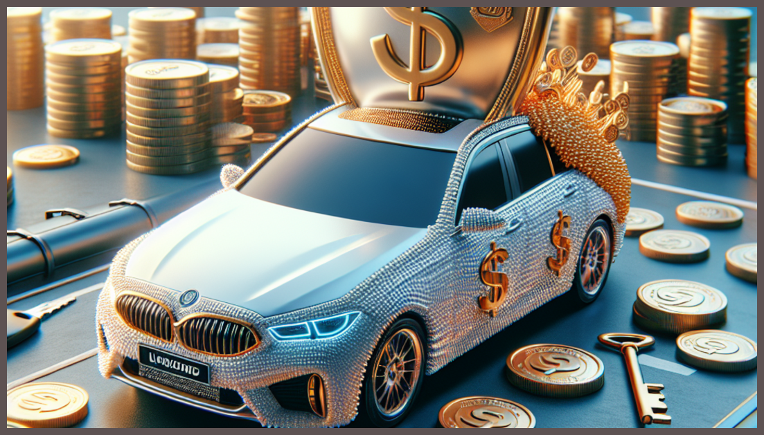 A car surrounded by savings symbols and insurance imagery.