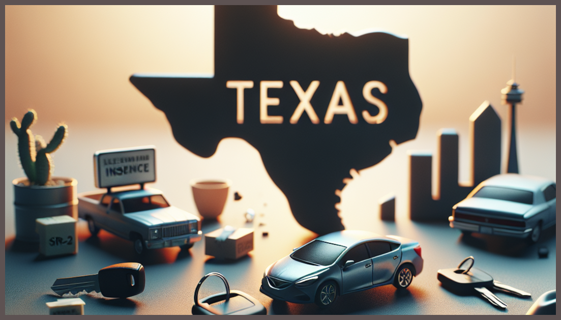 Texas map with an insurance symbol and paperwork for SR-22 filing
