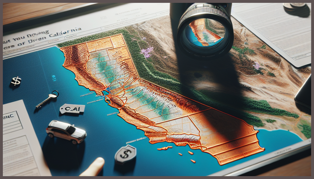 A California map with insurance documents and savings symbols.