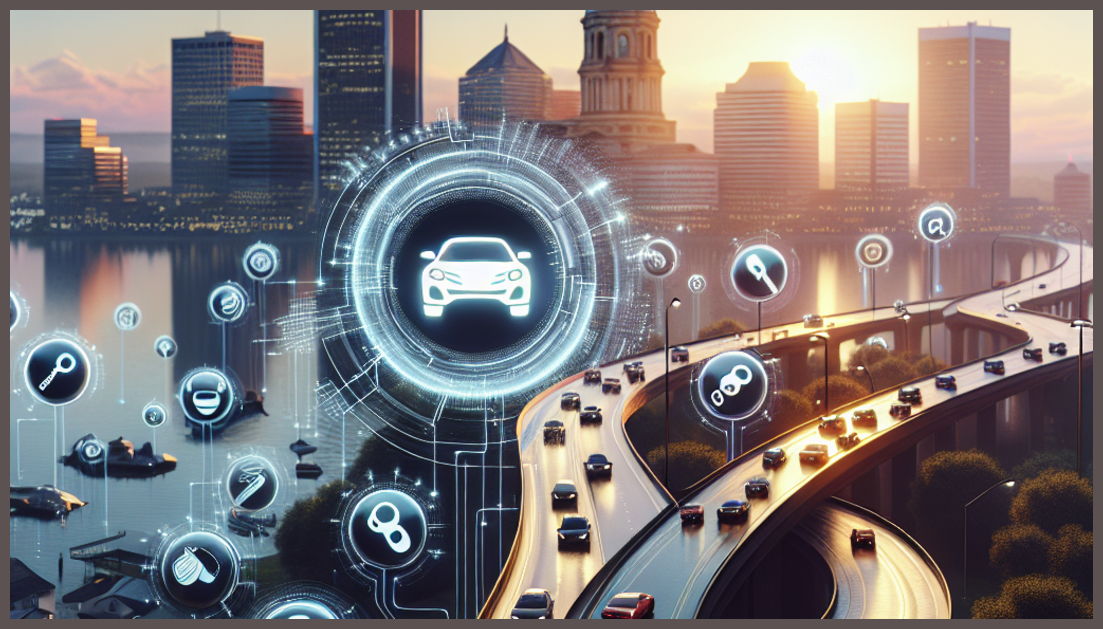 Visual representation of car insurance symbols and Richmond skyline.
