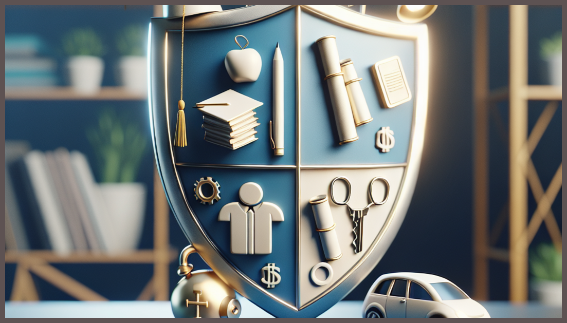 A shield symbolizing trust with teacher-related icons and insurance symbols.