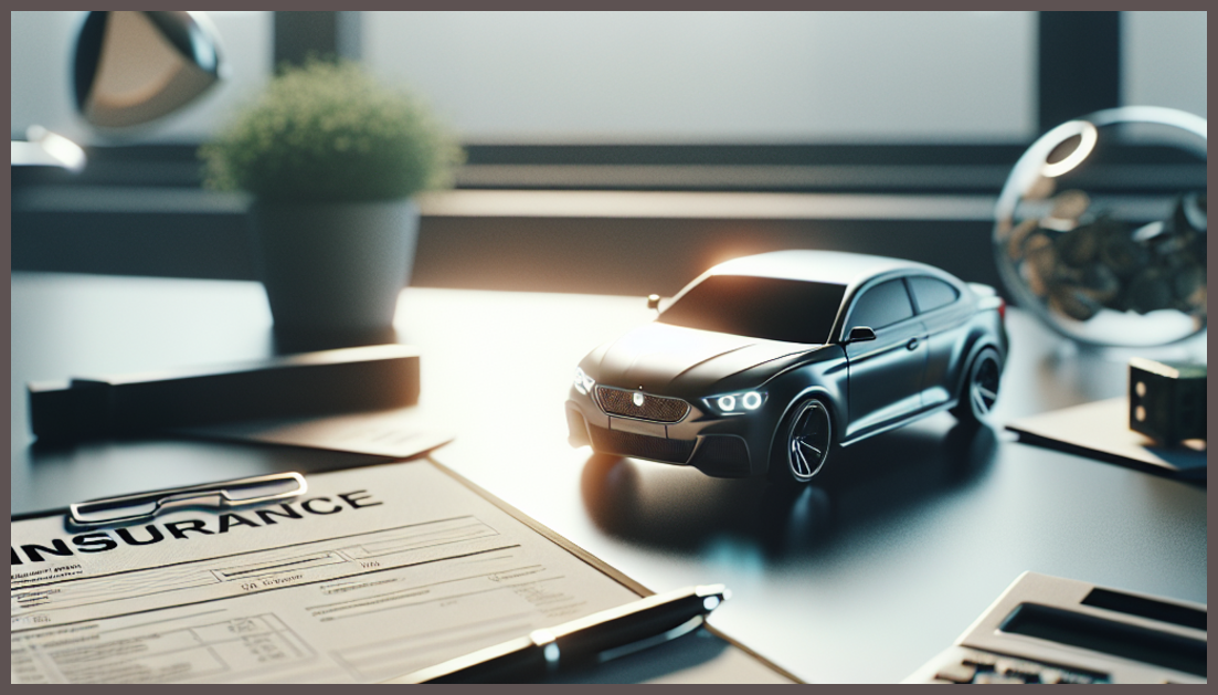 A car with insurance documents and a calculator on a table.