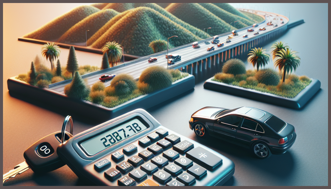 A calculator with car keys and a scenic California backdrop.