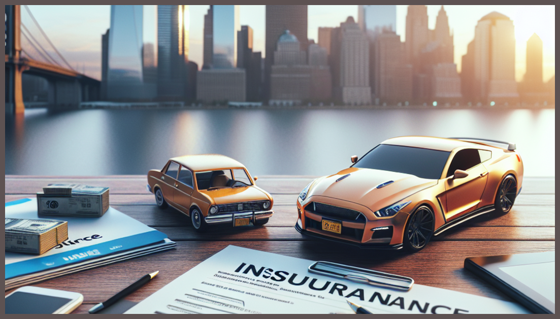 A car with insurance papers and a New Jersey skyline in the background.
