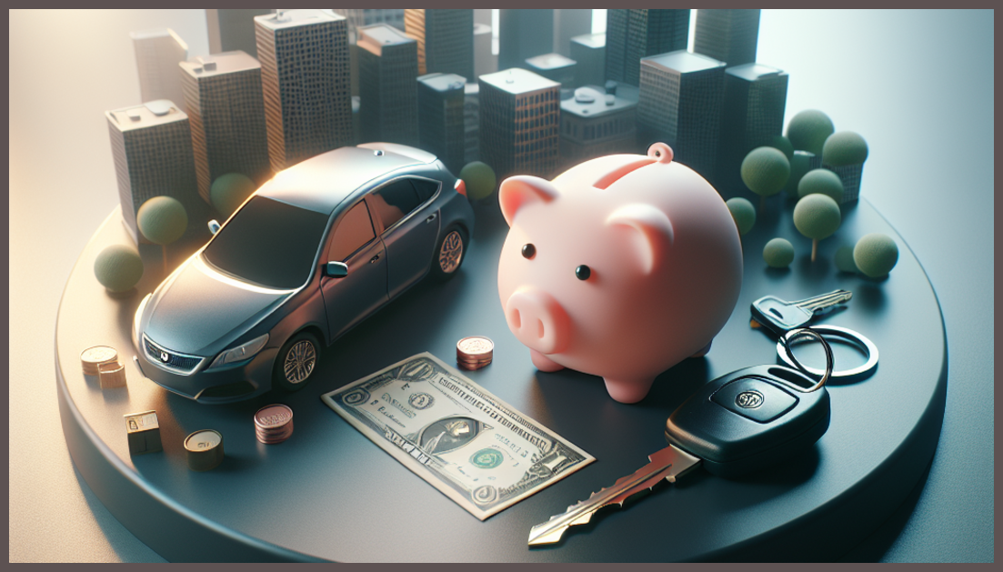 A piggy bank next to car keys and an insurance symbol.