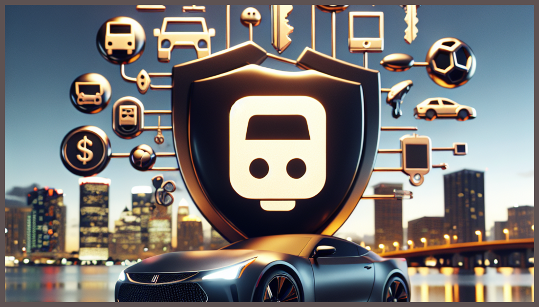 Symbols of auto insurance and Florida's skyline in a minimalist design.