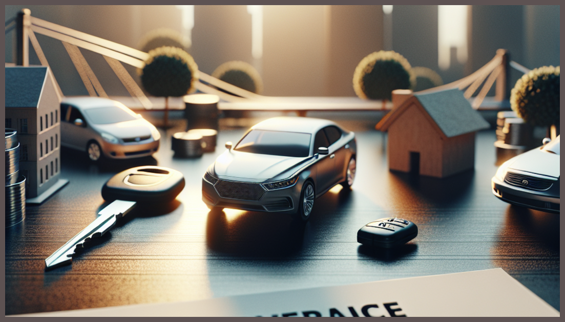 Photorealistic depiction of a car and insurance symbols