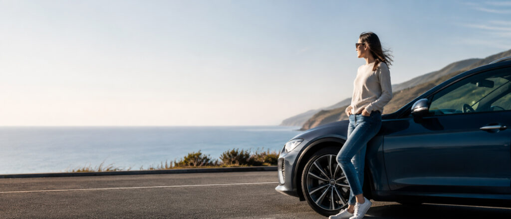 Driver beside a car on a scenic coastal road