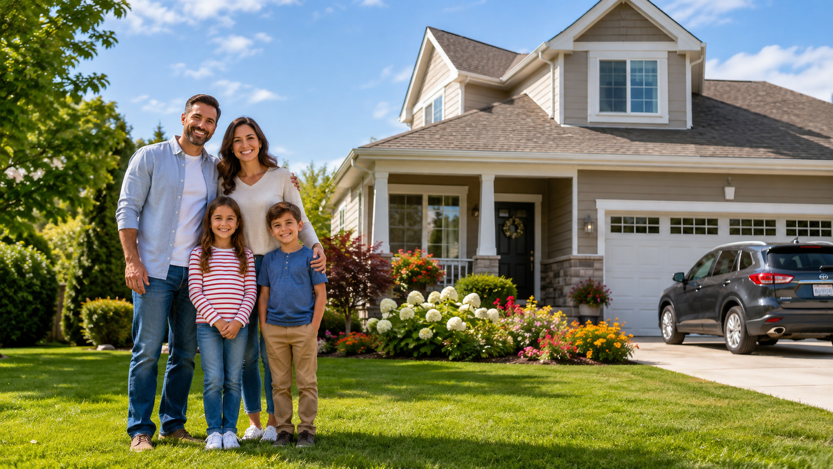 Family outside a home with a vehicle in the driveway