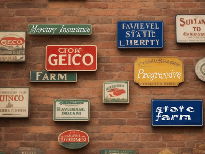 a rustic wall full of signs with the name of the major auto insurers in California